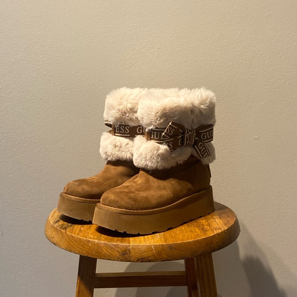 Guess Tan Platform Boots with Cream Fur